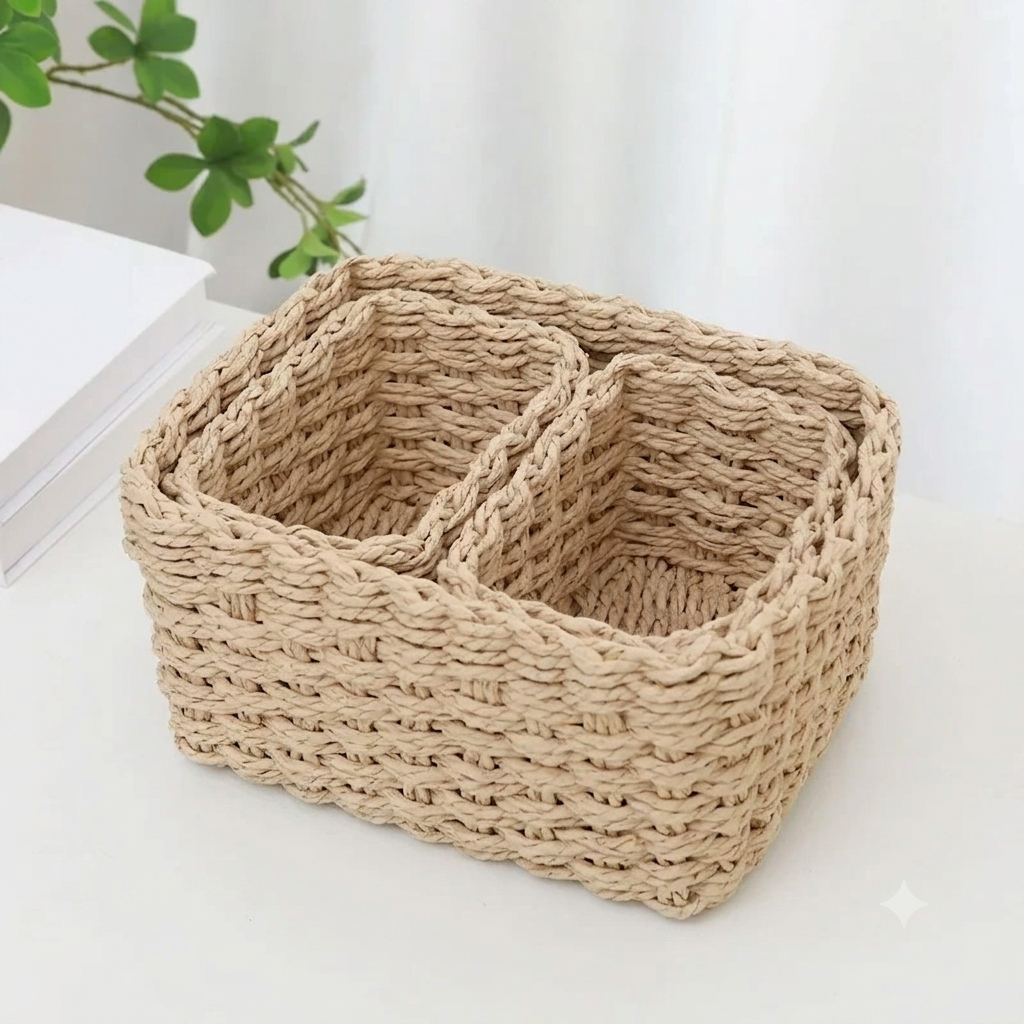 Panier de Rangement Tressé — Corde de Papier, Fait Main